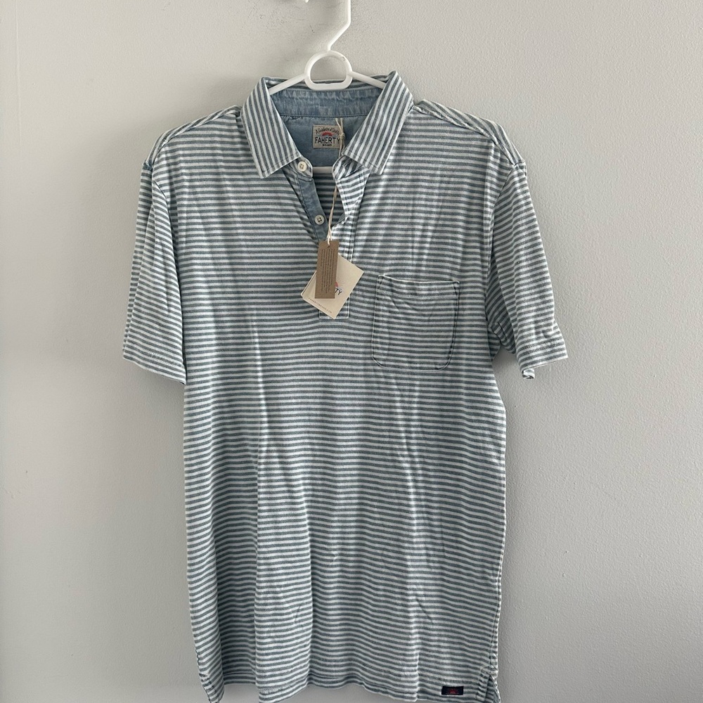 Faherty Short Sleeve Indigo Polo in Salt Wash Indigo Stripe